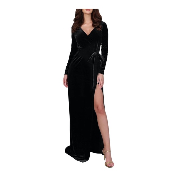 Dresses & Skirts - Black Velvet Wrap Long Dress, Includes Fishnet Stockings, Size: Small